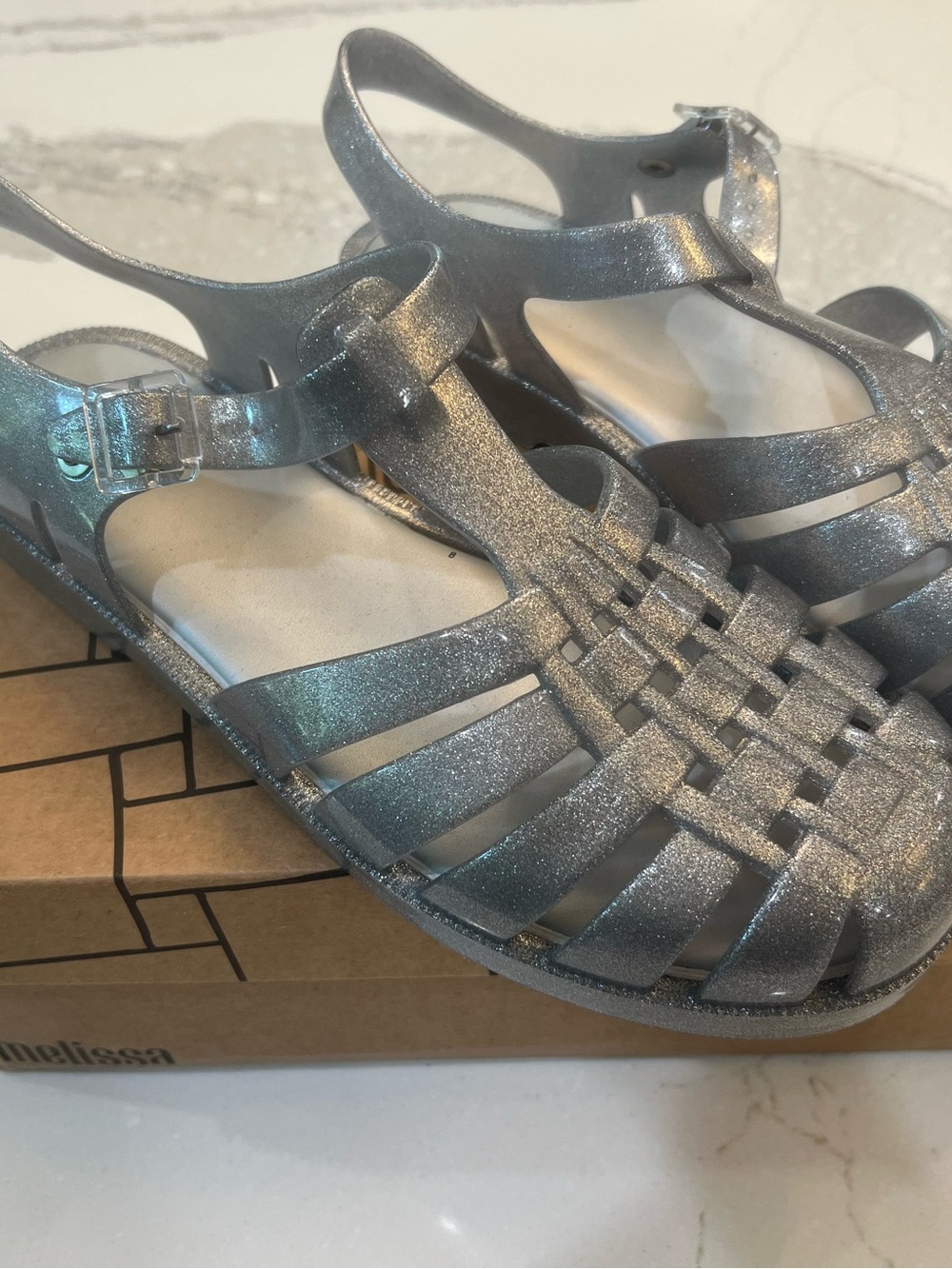 Melissa Silver Glitter Jelly Woven T-Strap Sandals
